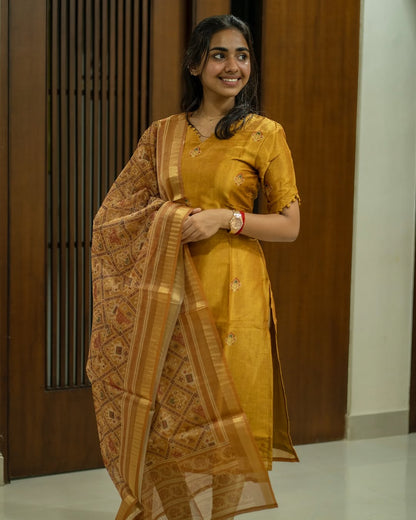 Women's Pure Cotton Yellow Printed Kurti and Pant with Dupatta Set