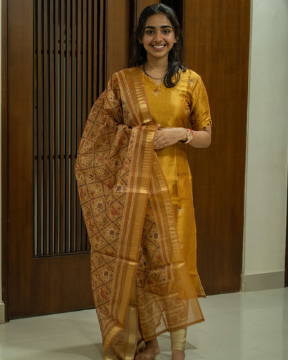 Women's Pure Cotton Yellow Printed Kurti and Pant with Dupatta Set