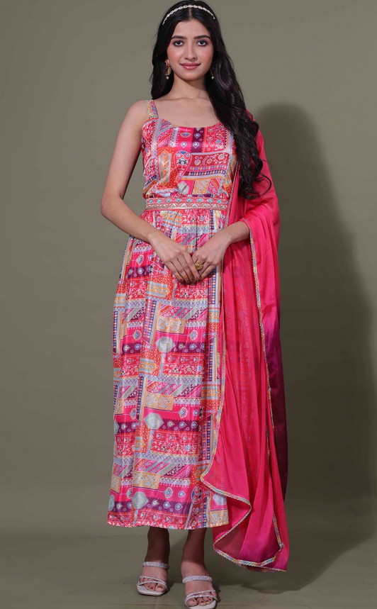 Women Chinon Printed Anarkali Style with Top, Pants with Dupatta