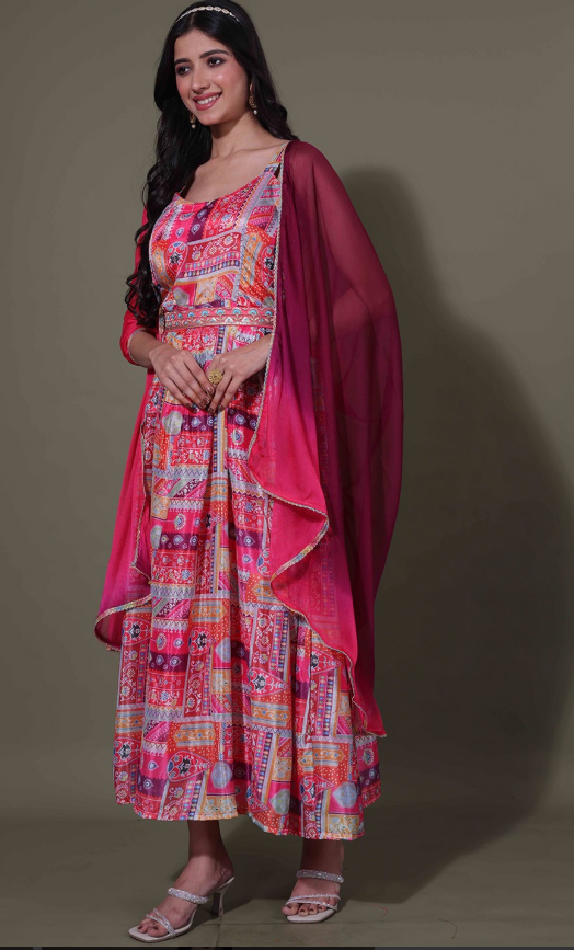 Women Chinon Printed Anarkali Style with Top, Pants with Dupatta