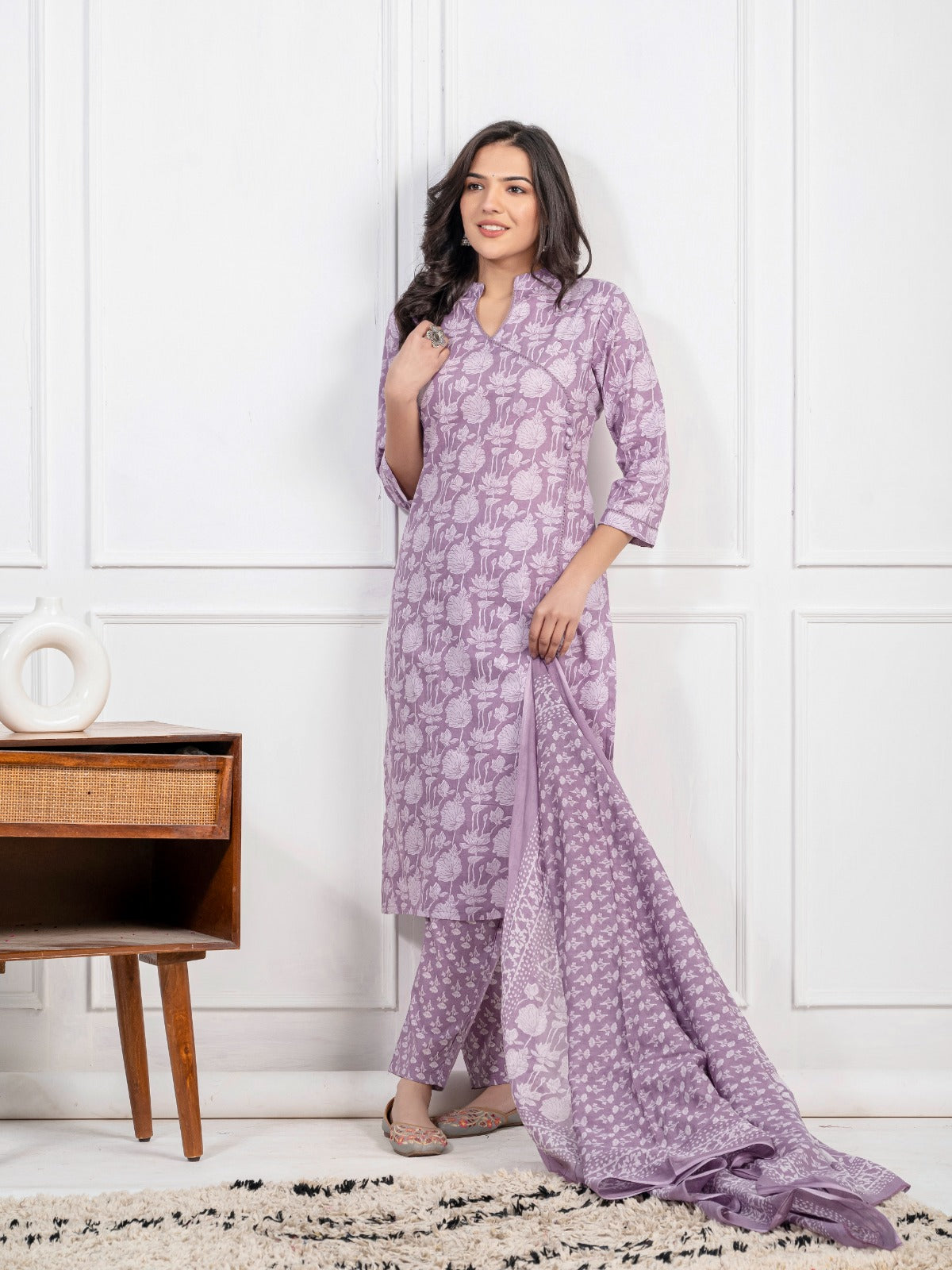 Women's Pure Cotton Printed Purple Kurti and Pant with Dupatta Set