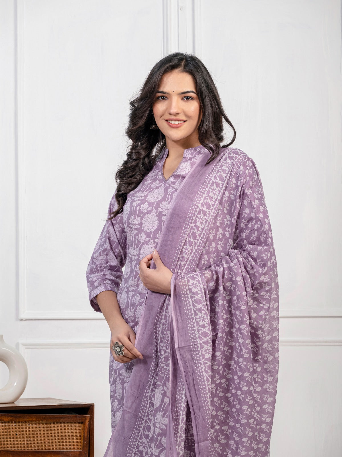 Women's Pure Cotton Printed Purple Kurti and Pant with Dupatta Set