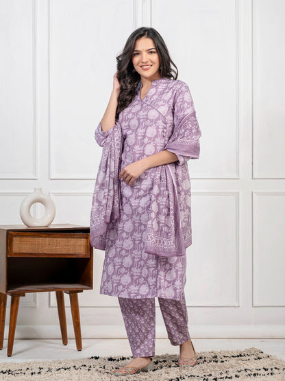 Women's Pure Cotton Printed Purple Kurti and Pant with Dupatta Set