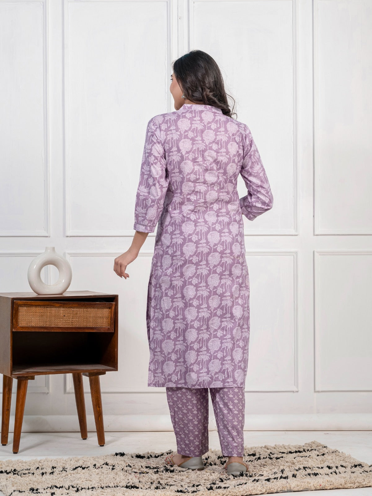 Women's Pure Cotton Printed Purple Kurti and Pant with Dupatta Set