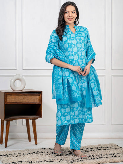 Women's Pure Cotton Printed Kurti and Pant with Dupatta Set