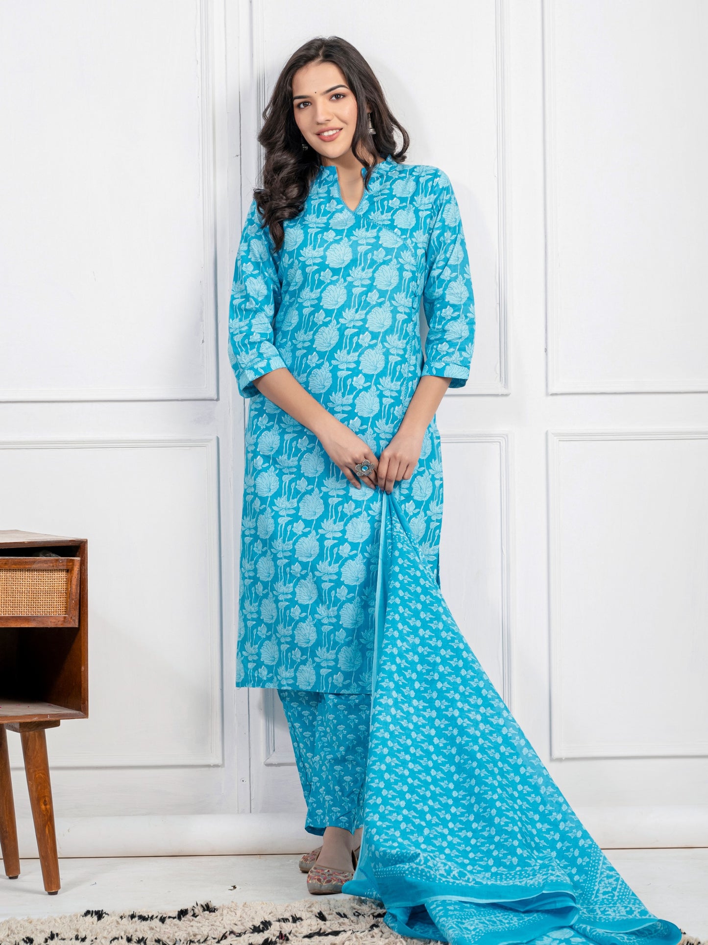 Women's Pure Cotton Printed Kurti and Pant with Dupatta Set