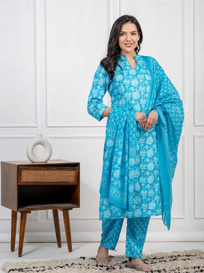 Women's Pure Cotton Printed Kurti and Pant with Dupatta Set