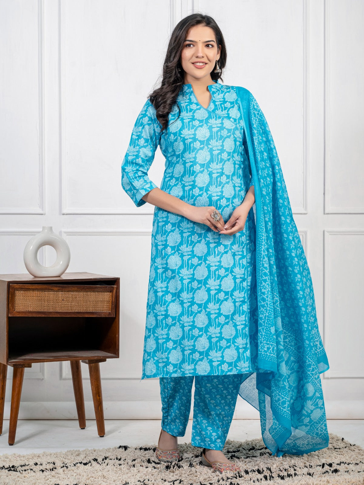 Women's Pure Cotton Printed Kurti and Pant with Dupatta Set