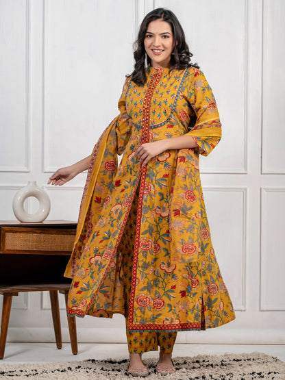 Women's Pure Cotton Handwork Yellow Anarkali Style Gown and Pant with Dupatta Set