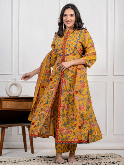 Women's Pure Cotton Handwork Yellow Anarkali Style Gown and Pant with Dupatta Set