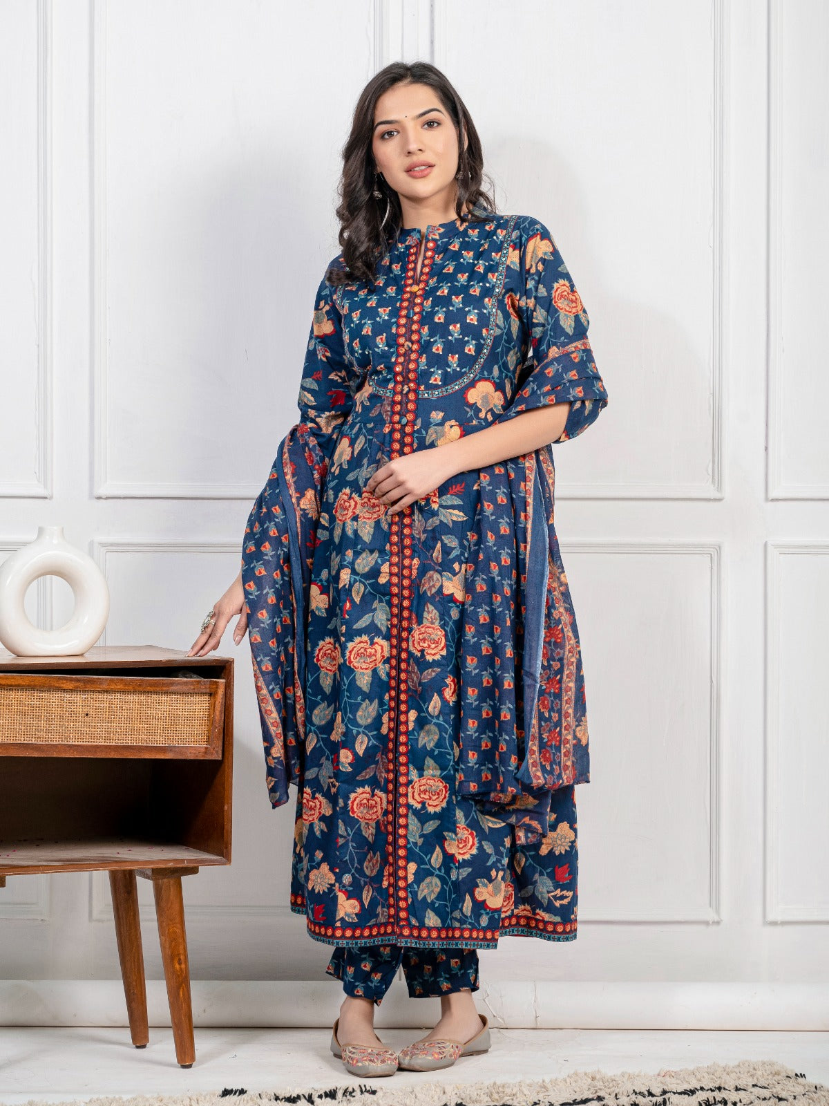 Women's Pure Cotton Handwork Navy Blue (Dark Blue) Anarkali Style Gown and Pant with Dupatta Set