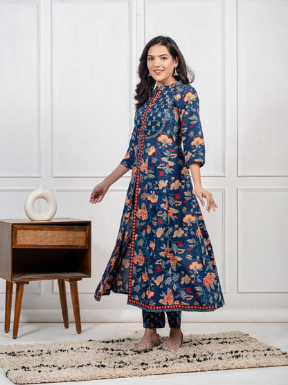 Women's Pure Cotton Handwork Navy Blue (Dark Blue) Anarkali Style Gown and Pant with Dupatta Set