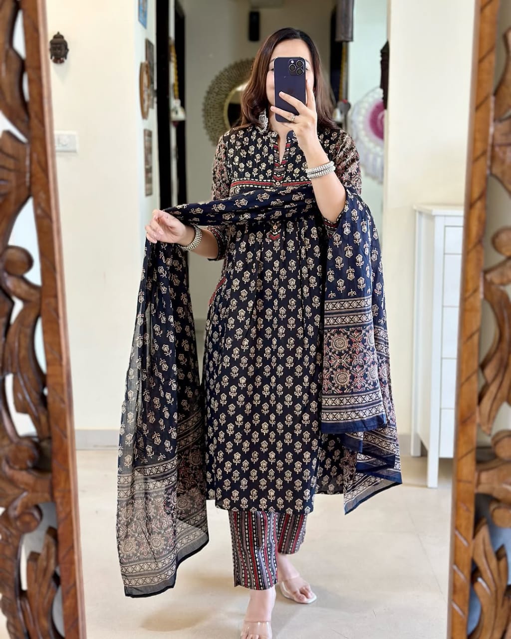 Women's Navy Blue Cotton Anarkali Style Kurta and Pants with Dupatta